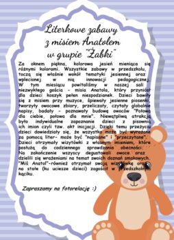 [zdjęcie zawiera informacje na temat realizacji w przedszkolu innowacji Literkowe zabawy z misiem Anatolem]